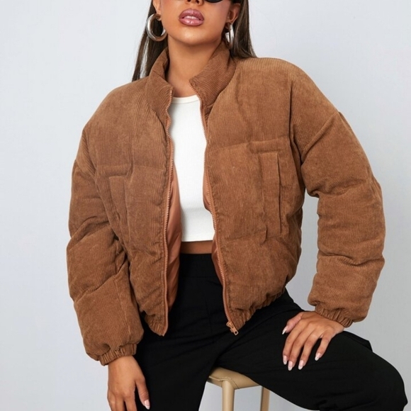 Shein.  Brown zip up puffer corduroy cropped jacket.  Sz large. - Picture 1 of 8